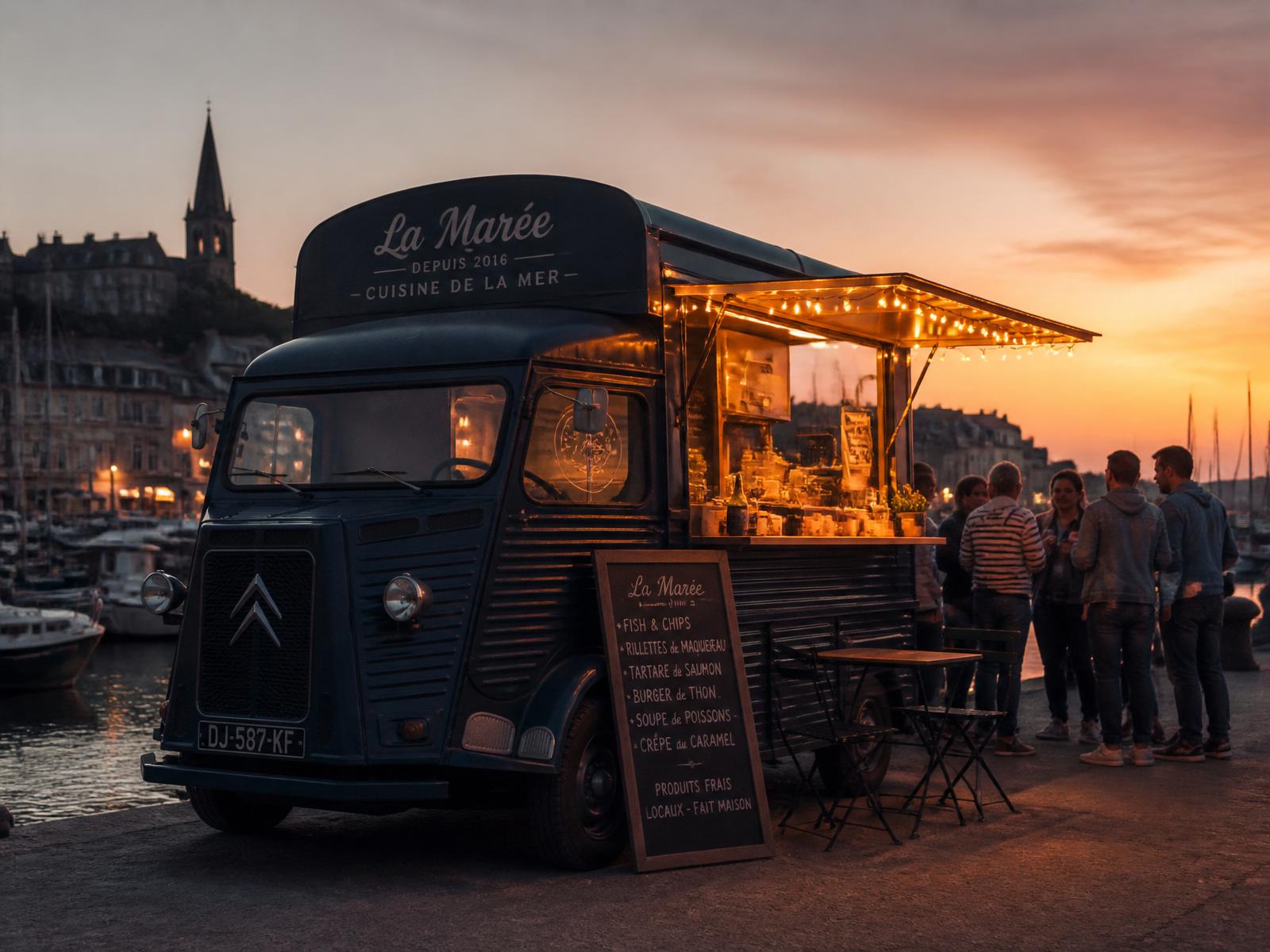 Le food truck La Piraterie au Port de Carteret au crépuscule